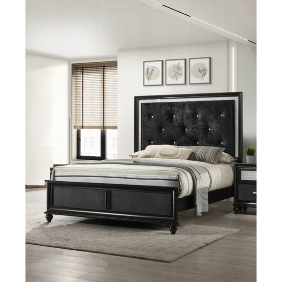Modern Glam Style Queen Size Panel Bed with Black Finish and Diamond Patterned Faux-crystal Button Tufting