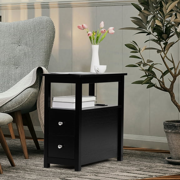 Black Finish - 2 Standard Outlets Charging - Small Apartment - Strong and Stable End Table