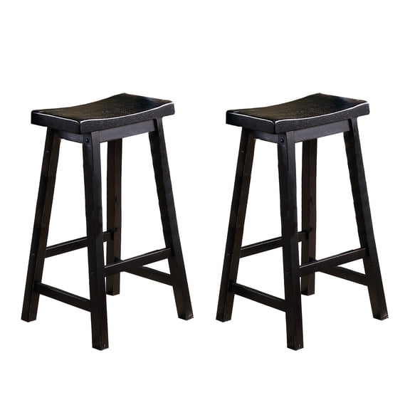 Black Finish 29-inch Bar Height Stools, Solid Wood, 2 Saddle Seat For Home Finish, 2pc, Dining Area