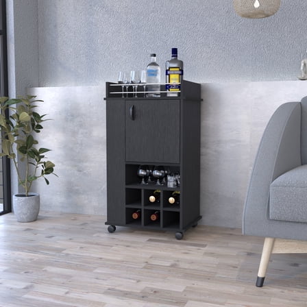 Black Finish Bar Cart With . 6 Bottle & Single Door. Effortless Movement. Generous Upper Surface For Cocktail Mixing Display. Long-lasting Quality Material. 21.61"w X 16.78"d 38.12"h. 59.11 Lb , .