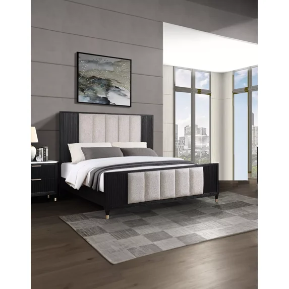 Black Finish Beige Upholstery Queen Size Panel Bed Wooden Bedroom Furniture 1pc