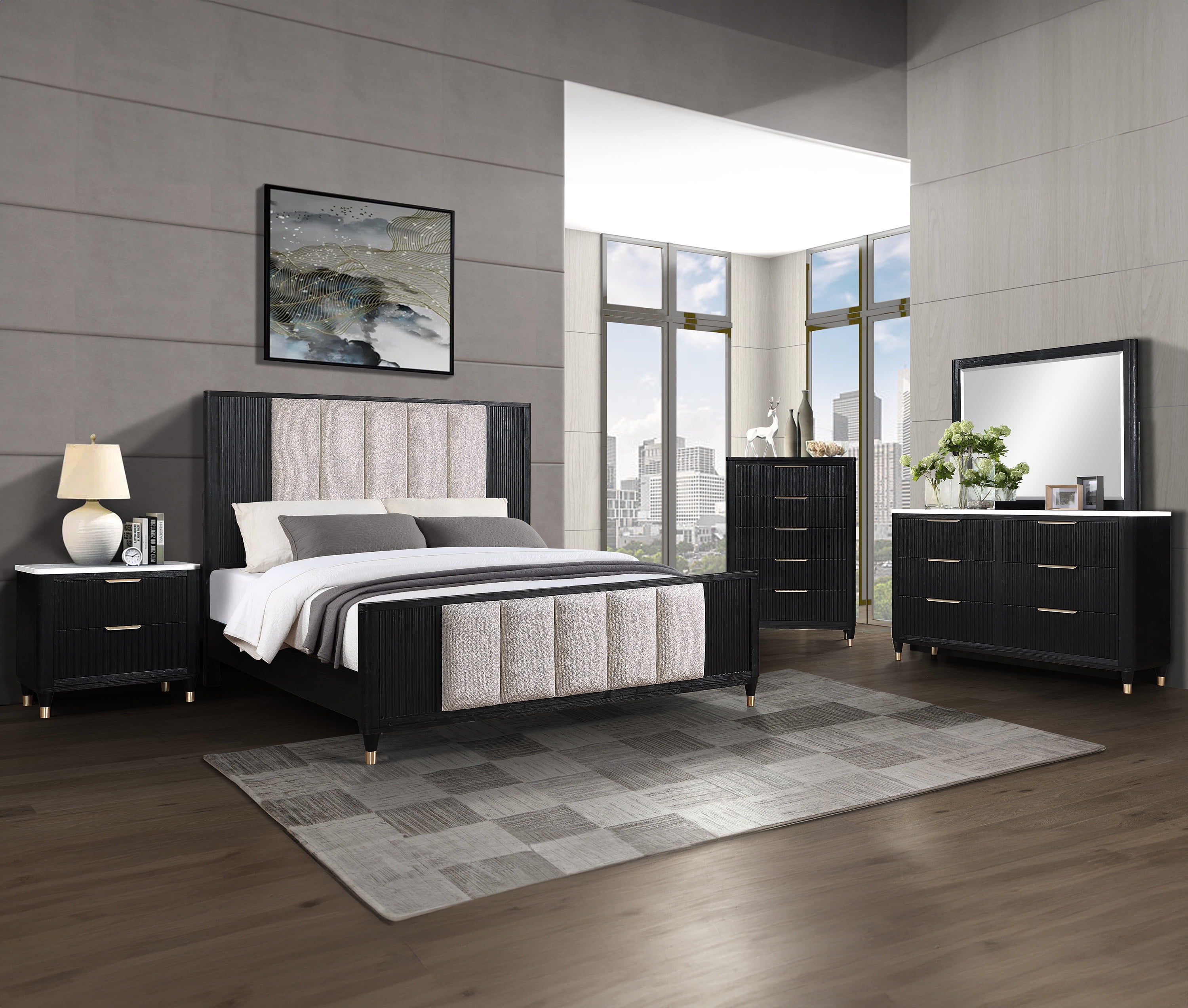 Black Finish Beige Upholstery Wooden Queen Size Panel Bed Master ...