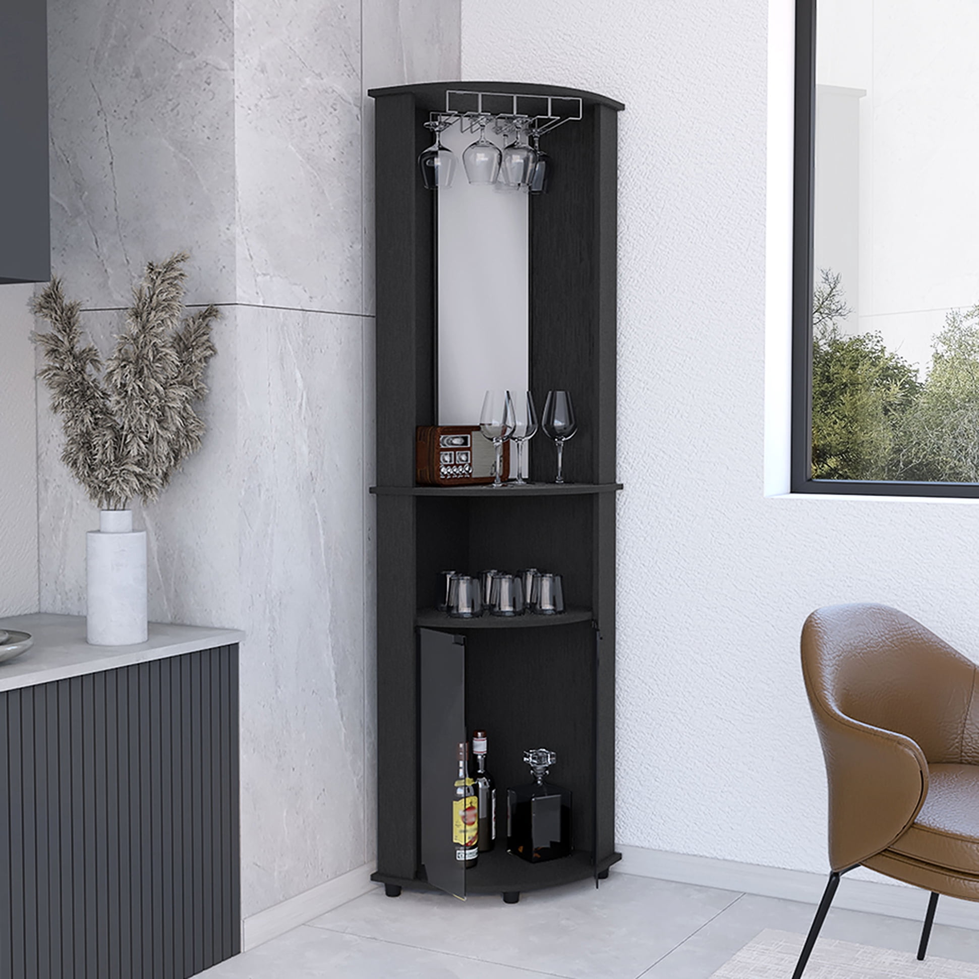 Black Finish Corner Bar Cabinet , 3 Shelves, Maximize Practicality With Three Shelves In For Space Saving
