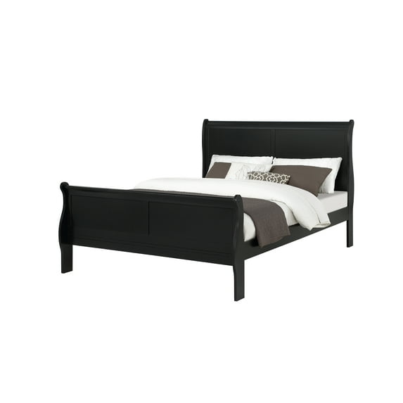 Black Finish King Size Panel Sleigh Bed Solid Wood Wooden Bedroom Furniture