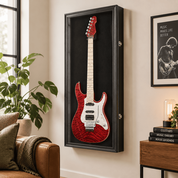 Black Finish Lockable UV Protective Electric Guitar Display Case Cabinet