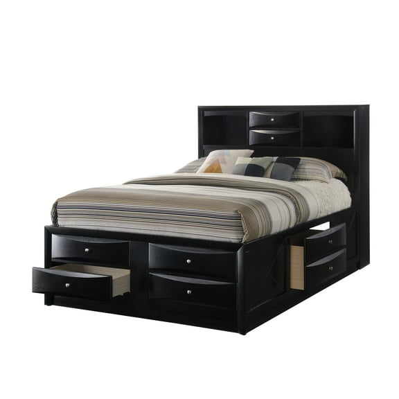 Black Finish Queen Platform Bed With Headboard Bookcase And Rich Storage Alternatives, Furniture Facilities,