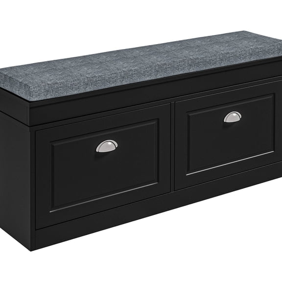 Black Finish - Thick Foam Padding - Hallway Organization - Stable Shoe Bench with Storage