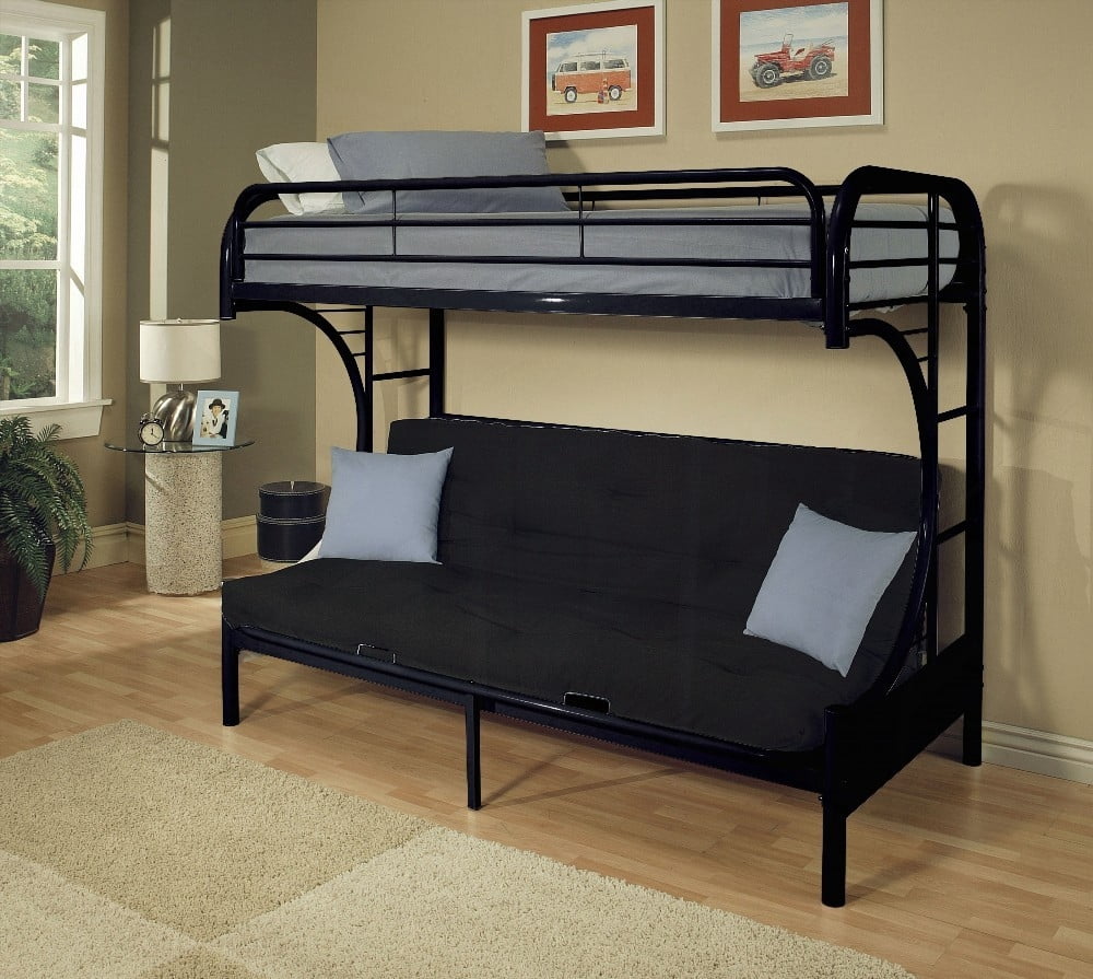 Black Finish Twin XL/Queen Futon Bunk Bed - 39"W x 80"L Top Bed & 80" Bottom Seat