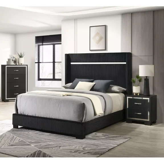 Black Finish Upholstered King Size Channel Tufting Panel Bed Nightstand Chest 3pc Bedroom Set