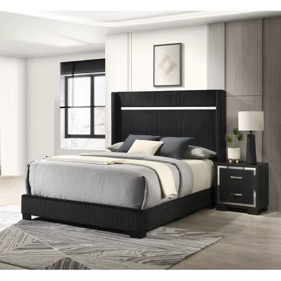 Black Finish Upholstered Queen Size Channel Tufting Panel Bed Nightstand 3pc Wooden Bedroom Set