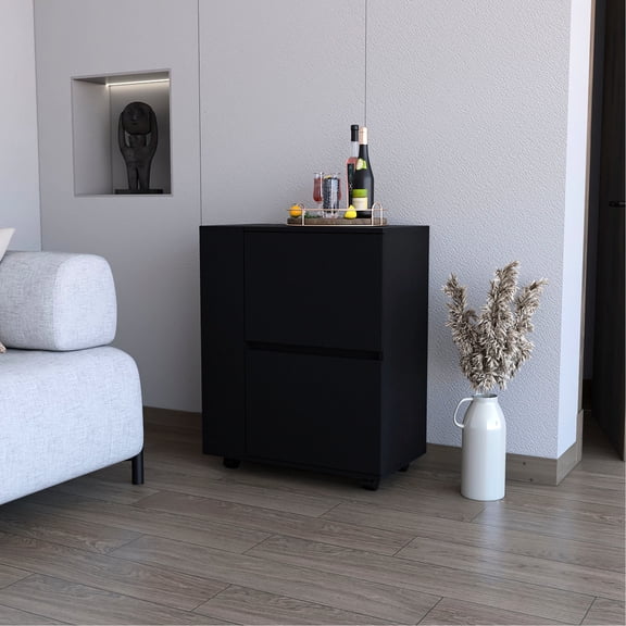 Black Finish on Wood Cart - Two Cabinets with Swing - Out Doors - In Primary Living Room - Easy Access and Mobility