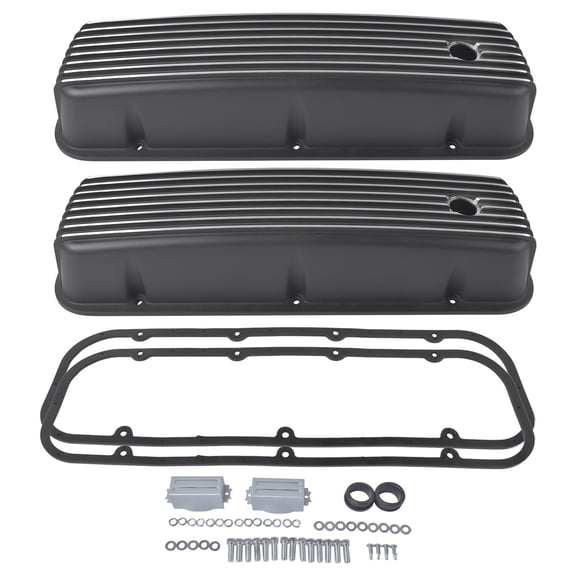 Black Finned Valve Cover Set for Chevy BBC 396 402 427 454 502 Engine, 3-11/16" Tall Design with PCV Hole, Includes Gaskets and Bolts, SKU 41851722, Fits 1965-1995 Models
