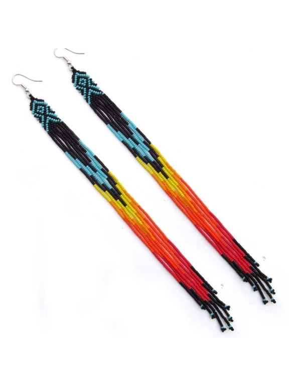 Black Fire Color Glass Seed Beads Beaded Extra Long Earrings 7.5 Inch