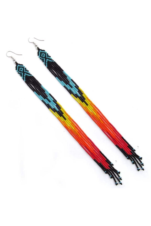 Black Fire Color Glass Seed Beads Beaded Extra Long Earrings 7.5 Inch