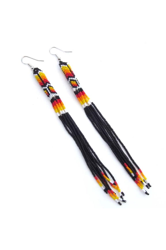 Black Fire Seed Beads Beaded Extra Long Earrings 5.5 Inch Handmade