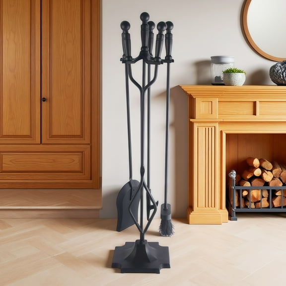 Black Fireplace Tools Set with Holder, 5-Pc Wrought Iron Fireplace Companion Including Poker, Shovel & Brush