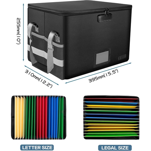 Black Fireproof Lockable File Box – Collapsible Portable Organizer with Zipper, Pockets & Handle, Safe Storage for Hanging Letter/Legal Folders (Home & Office Use)
