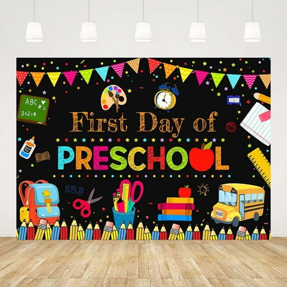 Black First Day of Preschool Backdrop Back to School Photography Background for Kids Welcome Back to School Banner Supplies Bags Pencils Bus Decorations Backdrop Photo Props