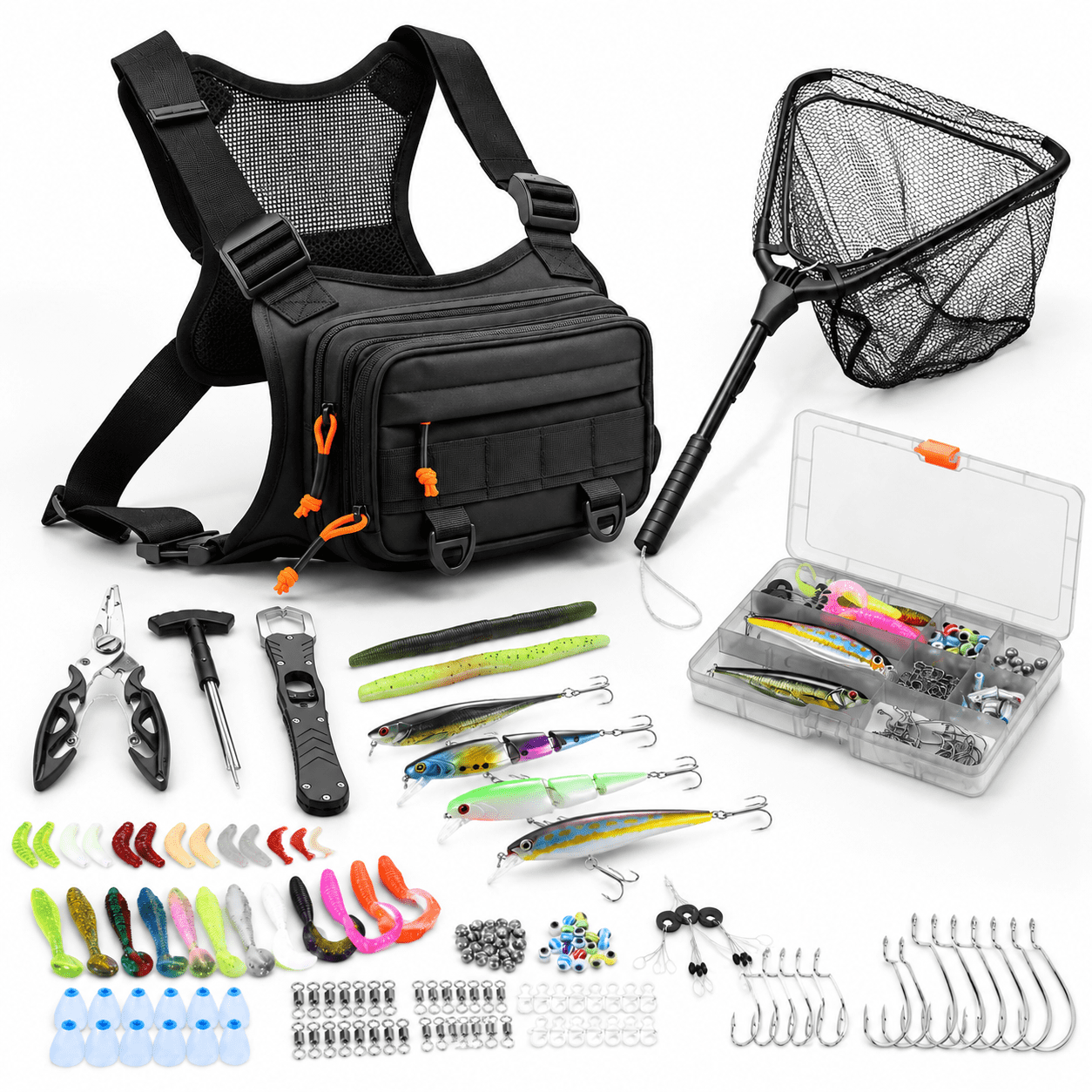 Black Fishing Chest Pack Vest Bag with Fish Floating Landing Net for ...
