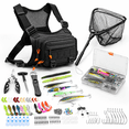 Black Fishing Chest Pack Vest Bag with Fish Floating Landing Net for ...