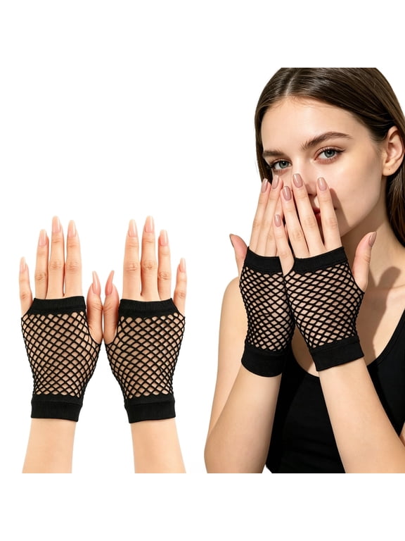Black Fishnet Gloves Mesh Fingerless Short for Women Costume Accessories 1 Pairs