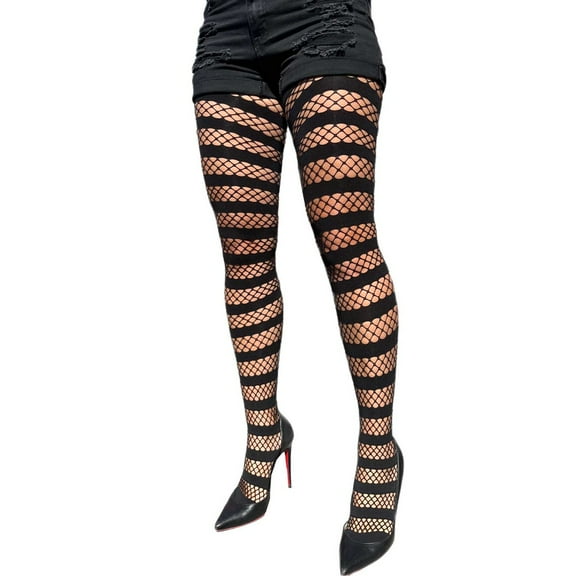 Black Fishnet Opaque Stripe Tights For Women