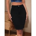 thumbnail image 1 of Black Fitted Denim Mini Skirt With Raw Hem And Button Front, 1 of 30