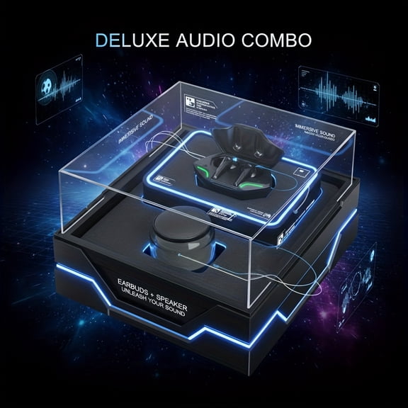 Black Five Gift Set 2in1 Wireless Earbuds,Audio System Bundle-Touch Compatible,Long-Lasting Battery,Open-Ear Headphones with LED Charging Dock-Ideal Gift Set for Running, Gaming,Smart Tech-Ideal Gift