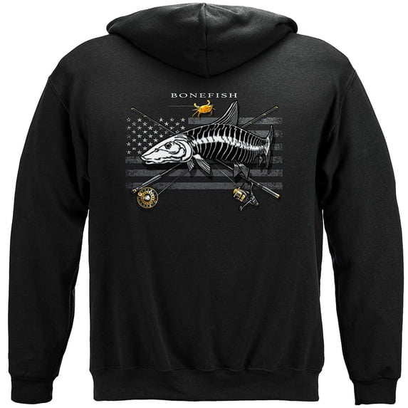 Black Flag Patriotic Bone Fish Fishing 8oz 50/50 Black Hooded Sweat Shirt Large