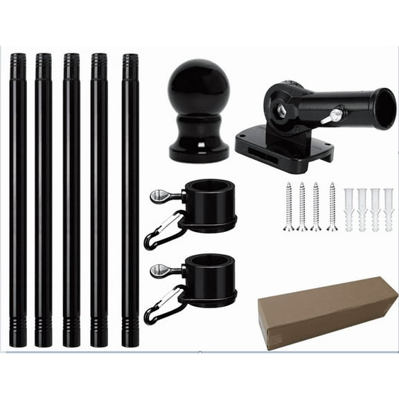 Black Flag Pole Kit For House, 5 Ft Thickened Stainless Steel Outside Porch Wall Flagpole For 4X6' Flag, 1" Tangle Free Rotating Flag Pole Rings & 180° Adjustable Multi-Positions Bracket Holder