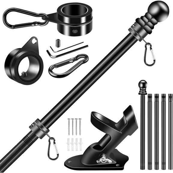 Black Flag Pole Kit for Outside House, 6 FT Thickened Stainless Steel Wall Mount Flagpole for 3x5'/4x6' Flag, 1" Anti-Wrap Spinning Metal Flag Ring Clips & 2-Position Bracket Holder for Porch