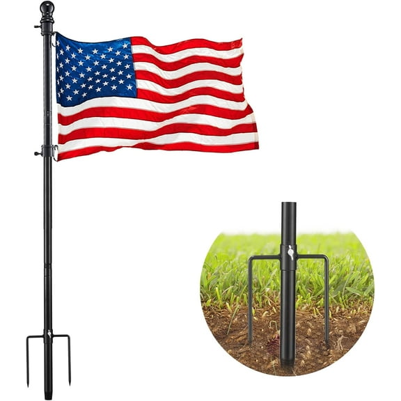 Black Flag Poles for Outside in Ground - 8FT Flag Pole for House with 2 Pronges Base - Stainless Steel Flag Pole Kit with 3x5FT American Flag for Yard Residential Commercial