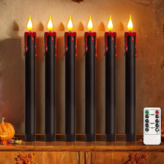 Black Flameless Candles, 6 Pcs 9.8" Flickering Halloween Taper Candles with Remote & Timer, Dimmable LED Candles Battery Operated, Electric Candle Sticks for Party Halloween Decor