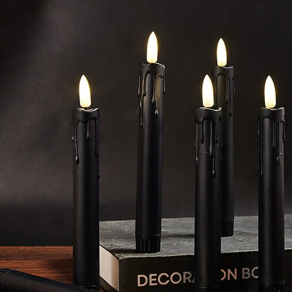 Black Flameless Taper Candles Flickering, NO Remote, 7 Inches Battery Operated, 6 Pcs Realistic Electric LED Candlesticks Made of Plastic for Halloween Party Home Decor