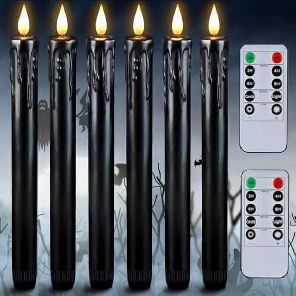 Black Flameless Taper Candles with Remote and Timer, Real Wax LED Taper Candles Battery Operated, Flickering Candle Sticks for Party Halloween Indoor Decoration, 6 Pcs, 9.6 inches