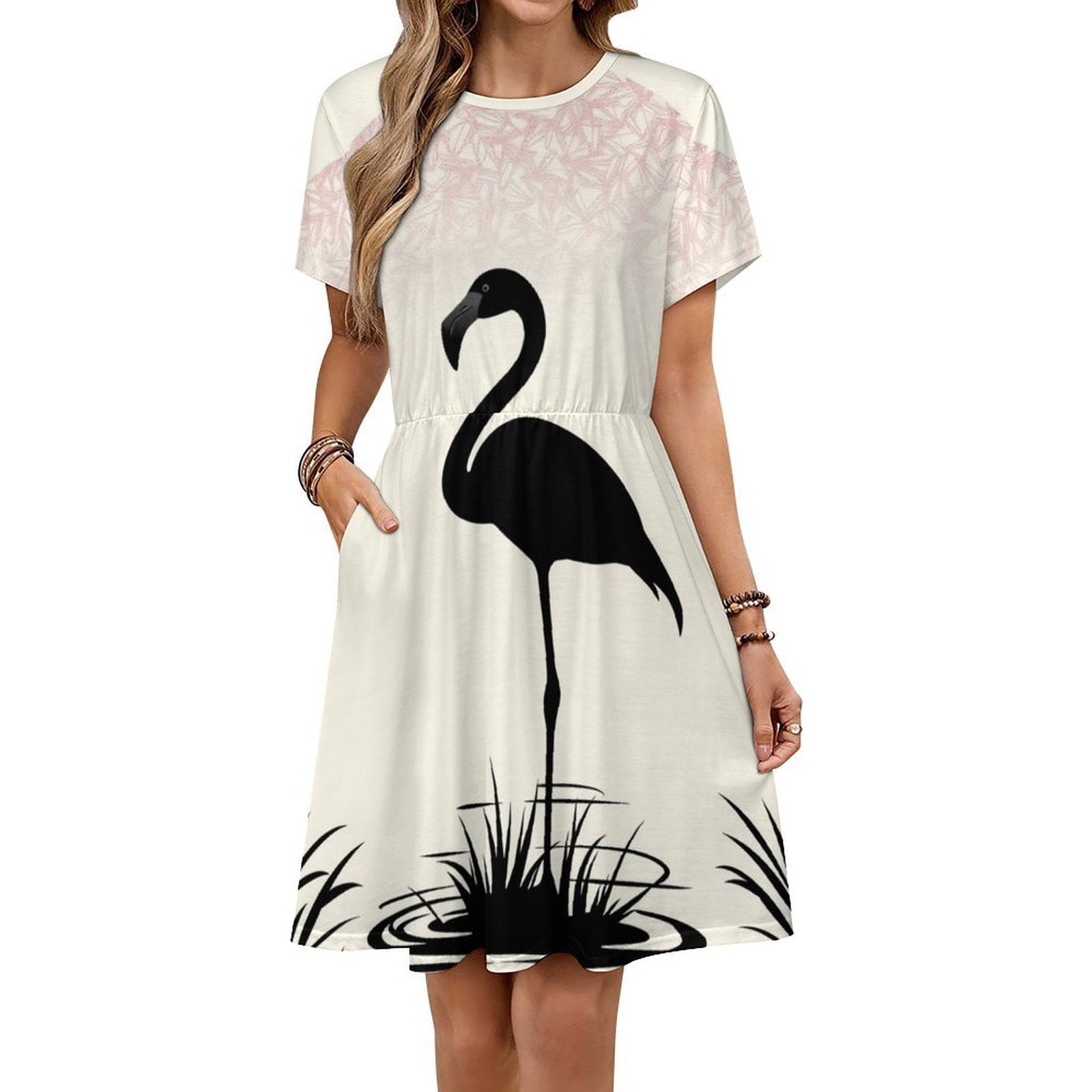 Black Flamingo Sunset Silhouette Dress Fashion Beach Short Sleeve ...
