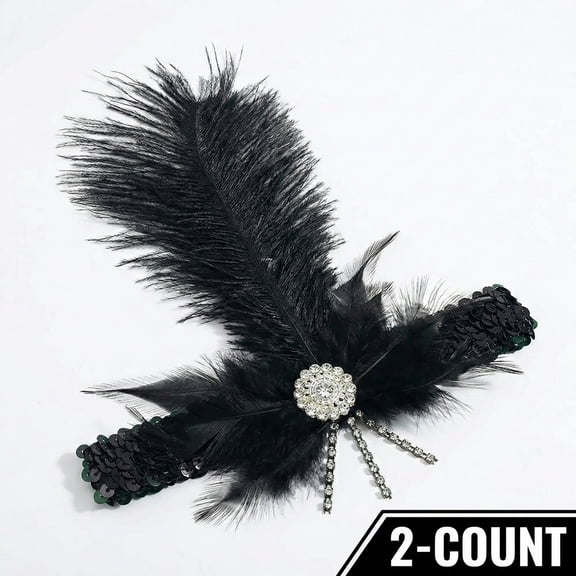 Black Flapper Headband Set (2 Pack) - Sequin Elastic Band with Feather, Rhinestone Pearl Medallion & Beaded Chains | 1920s Great Gatsby Roaring 20s Headpiece