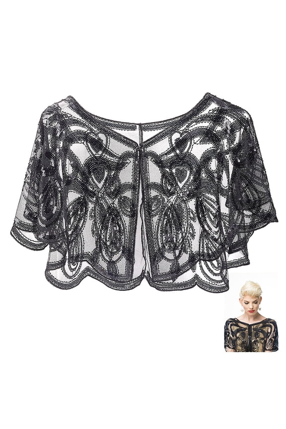 Black Flapper Wrap Shawl 1920s Womens Polyester Sequin Evening Cape Shawls and Wraps Sequins Beaded Sheer Silky Chiffon Cover UpDIY