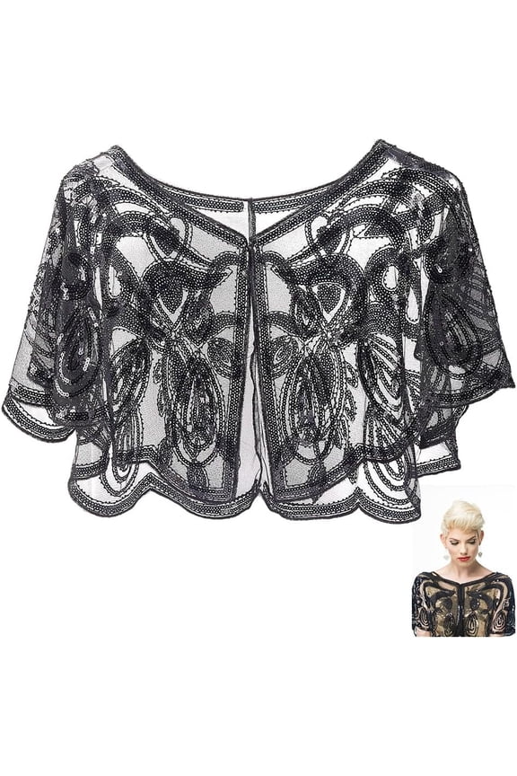 Black Flapper Wrap Shawl 1920s Womens Polyester Sequin Evening Cape Shawls and Wraps Sequins Beaded Sheer Silky Chiffon Cover Up
