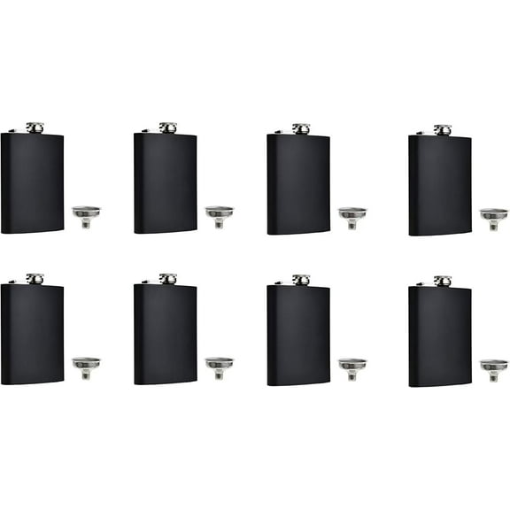 Black Flask Stainless Steel with Funnel,8 Oz, Set of 8