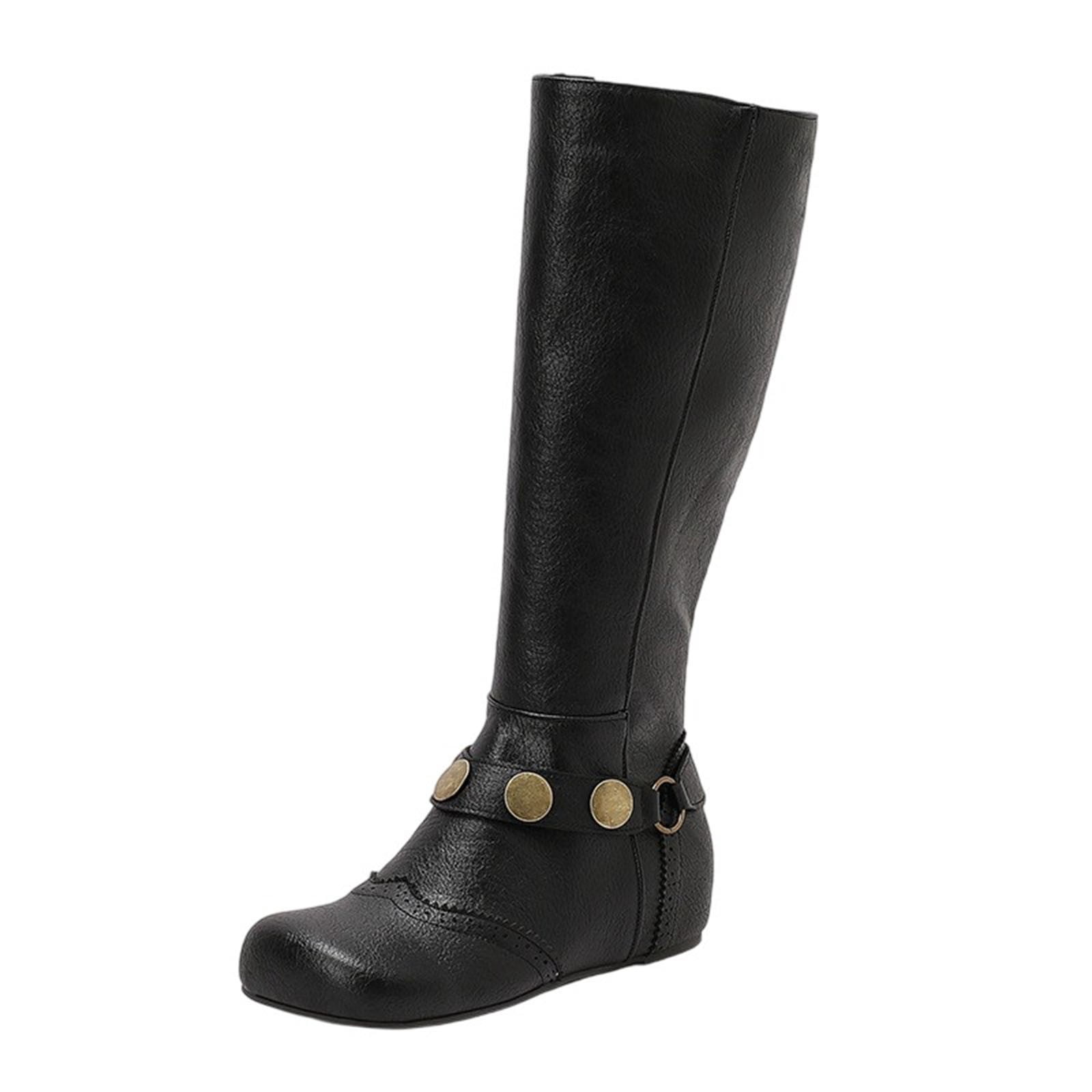 Black Flat Knee High Boots With Round Toe And LaceUp Belt Buckle — free download