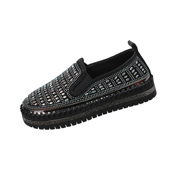 Black Flats Shoes For Ladies Solid Rhinestone Round Toe Slip On Shallow Thick Sole Loafers Comfortable For Everyday Style And Easy Slip On Design Size 43