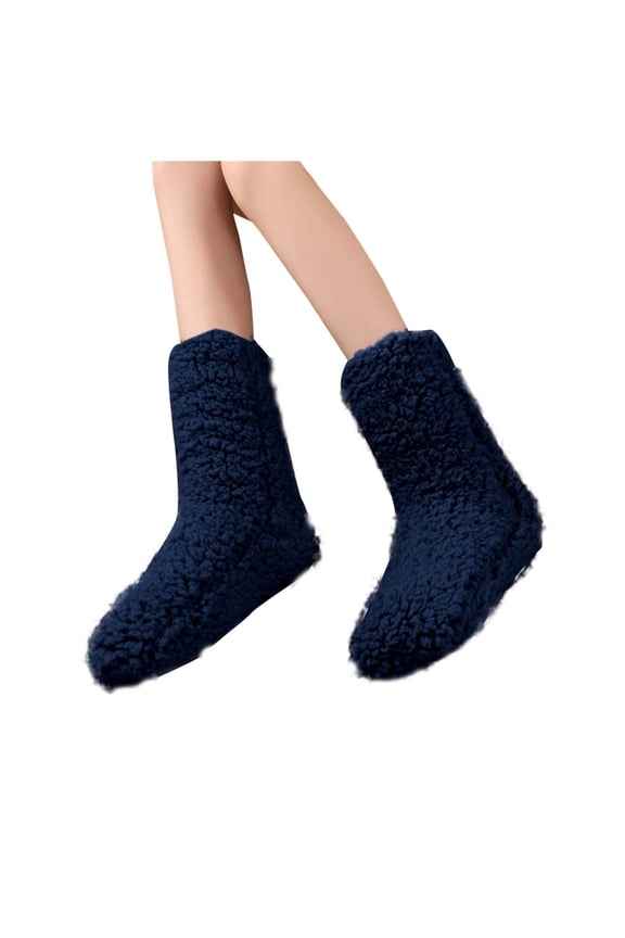 Black Fleece-Lined Floor Socks For Womens With Non-Slip Soles Warm Plush Slipper Socks 14.96 Inch Length 5.12 Inch Wide Free Size