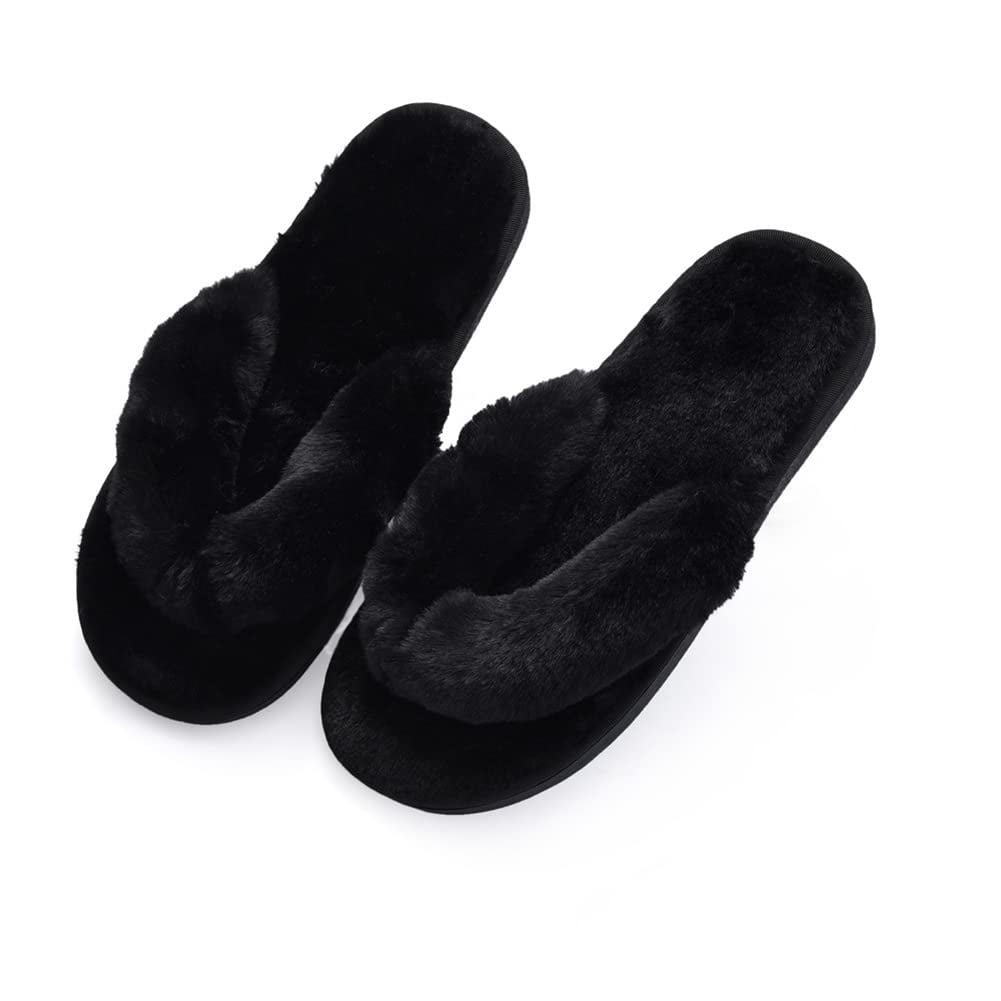 Black Flip Flop Slippers Fuzzy Fluffy Faux Fur House SPA Cute Open Toe ...
