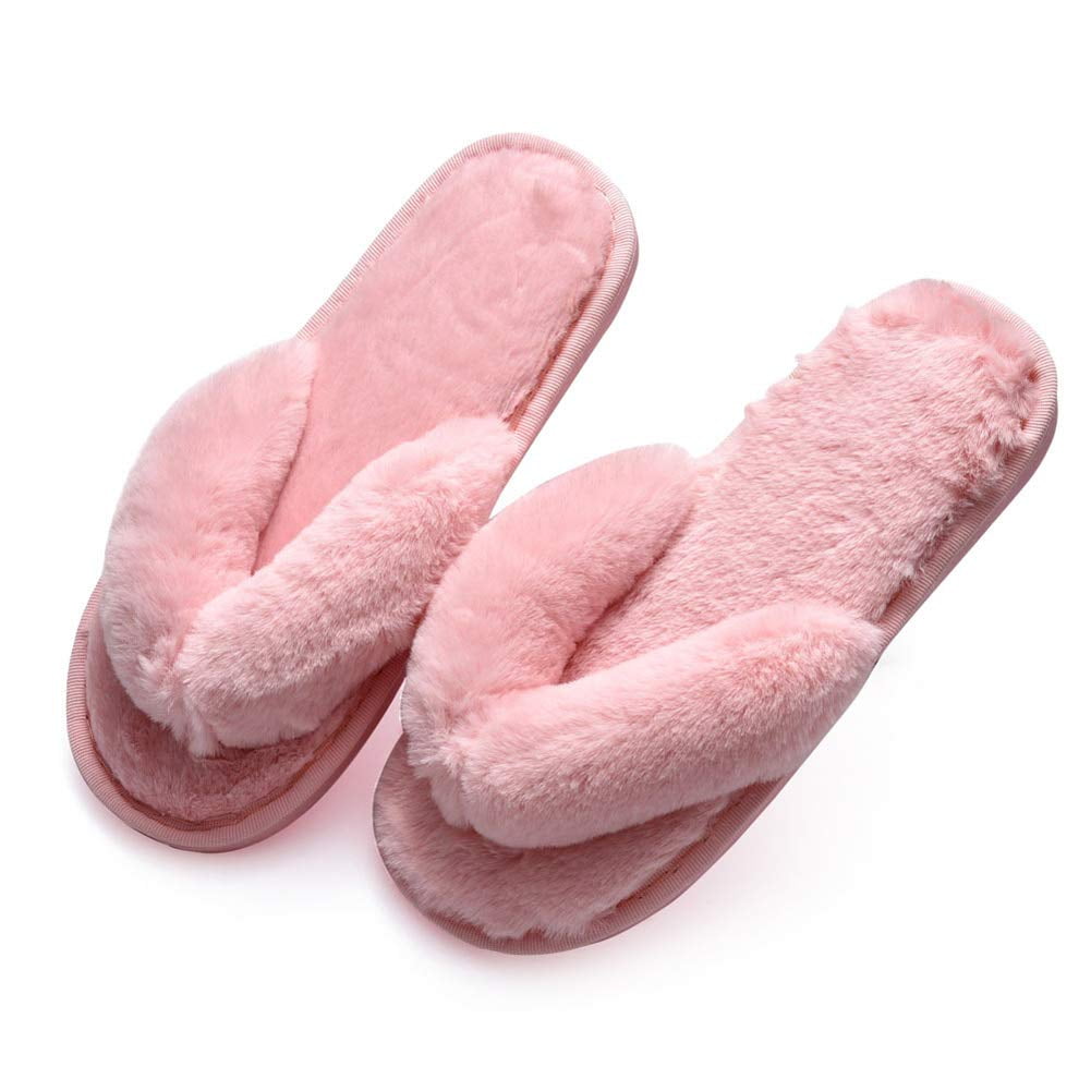 Black Flip Flop Slippers Fuzzy Fluffy Faux Fur House SPA Cute Open Toe ...