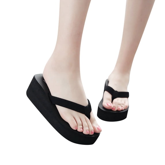 Black Flip Flops for Women Platform Wedge Thong Sandals Slip on Slides Shoes Lightweight Summer Heels Dress Slippers Black Size 7