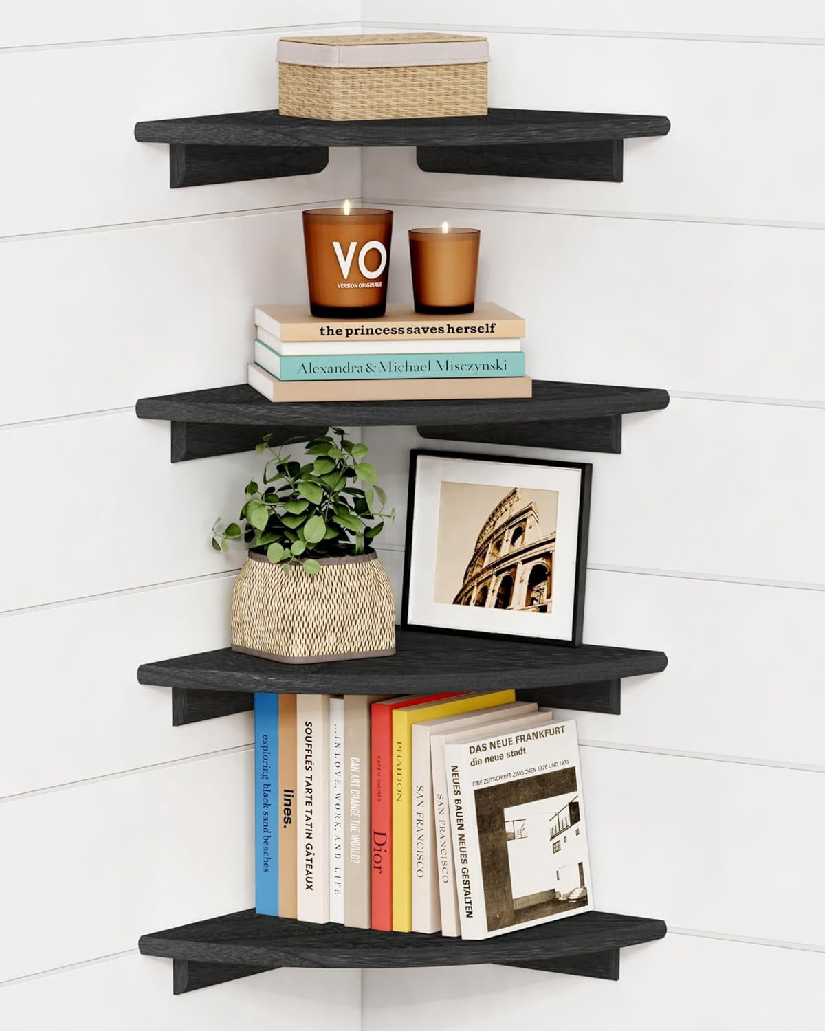Black Floating Corner Bookshelf for Wall Set of 4, Large Corner Plant Shelves for Living Room, Rustic Rounded Hanging Bookshelves Wall Mounted for Bedroom Books, Kitchen, Closet, Office