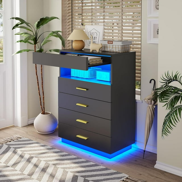 Black Floating Dresser with LED Lights&4 Drawers&Pull Out Tray,Tall