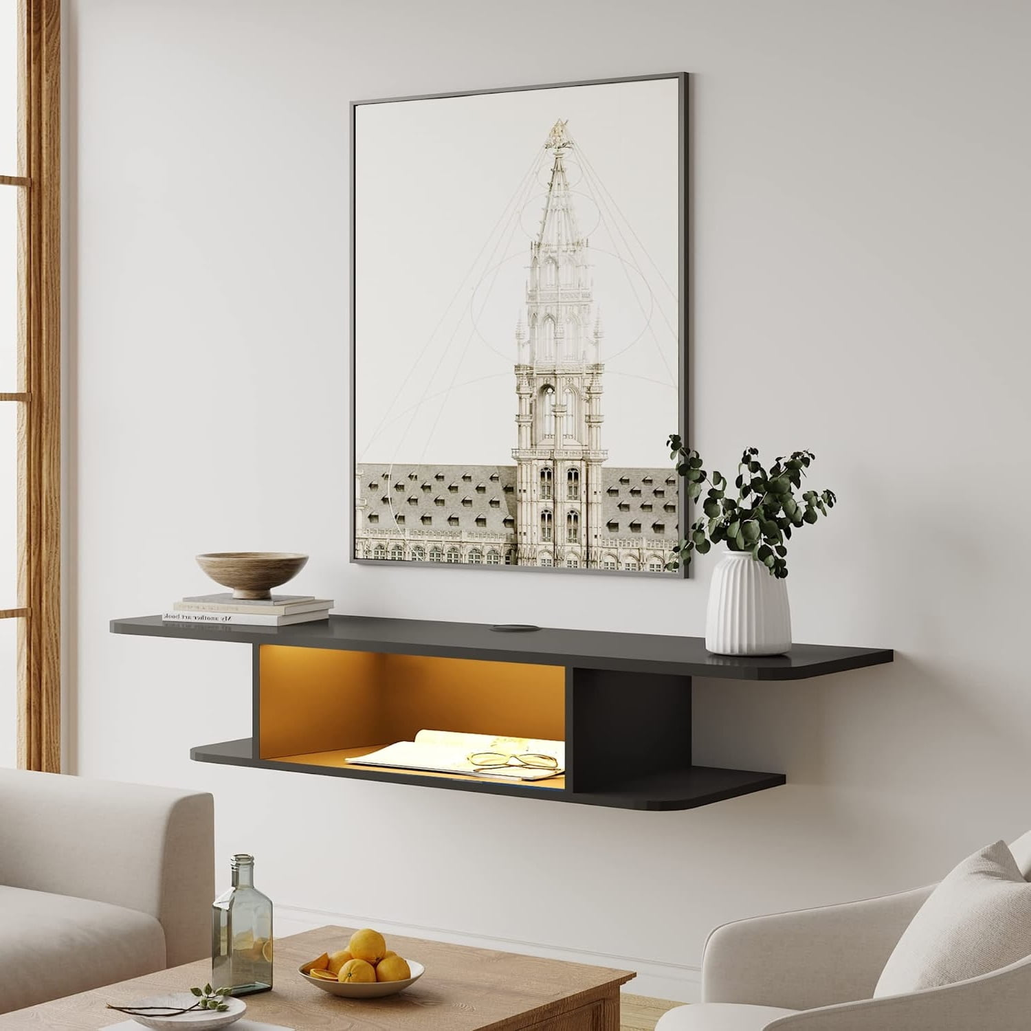 Black Floating Entertainment Center for 55 inch TV, Wall Mount