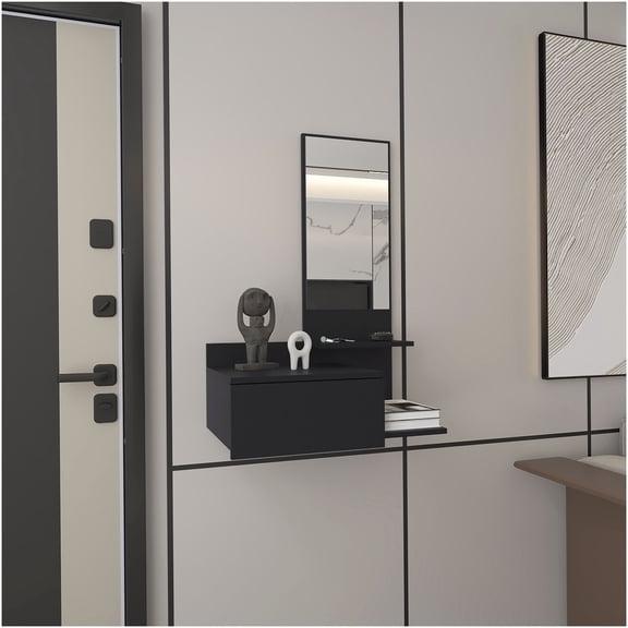 Black Floating Hallway Cabinet with Mirror, 1 Drawer & 3 Shelves, Wall Mounted Storage Organizer